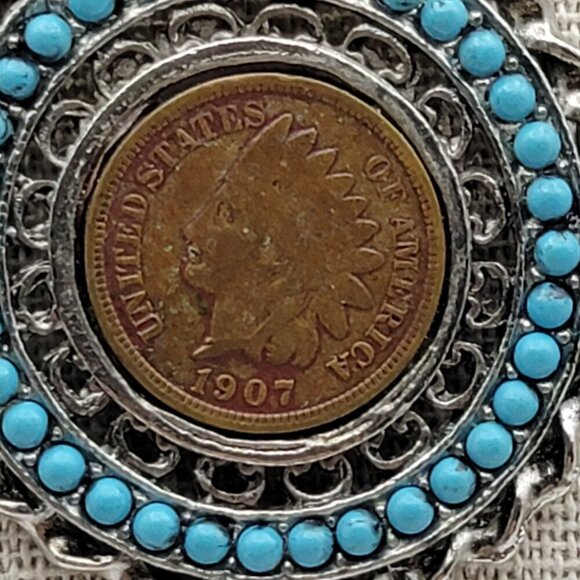 Vtg. 1907 USA Indian Head Penny And Turquoise Pendant Necklace Silver-Tone 24 In - Picture 2 of 9